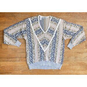 Vintage Mens Chevron Sweater Size Medium | 1980s Cotton/Acrylic Knit Deep V-Neck